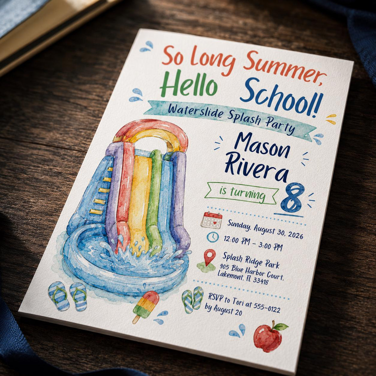 Hello School Water Slide 8th Birthday Invitation — print-ready 8th birthday party design from VoltBy