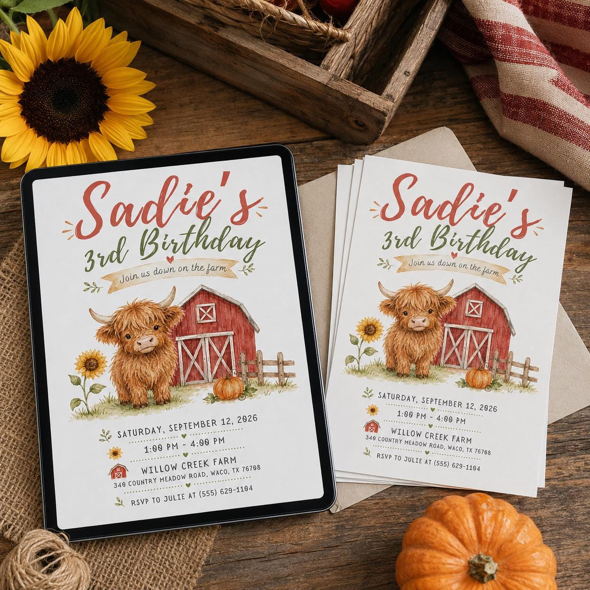 Highland Cow Farm 3rd Birthday Invitation for Girls — 3rd birthday party stationery by VoltBy