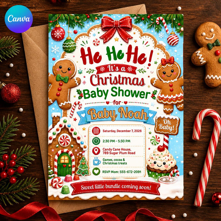 Ho Ho Ho Gingerbread Christmas Baby Shower Invitation