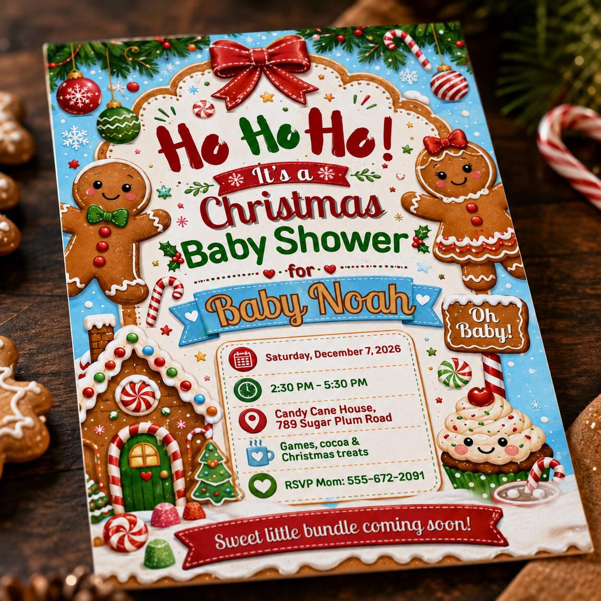 Ho Ho Ho Gingerbread Christmas Baby Shower Invitation — bow and candy artwork in cream and green
