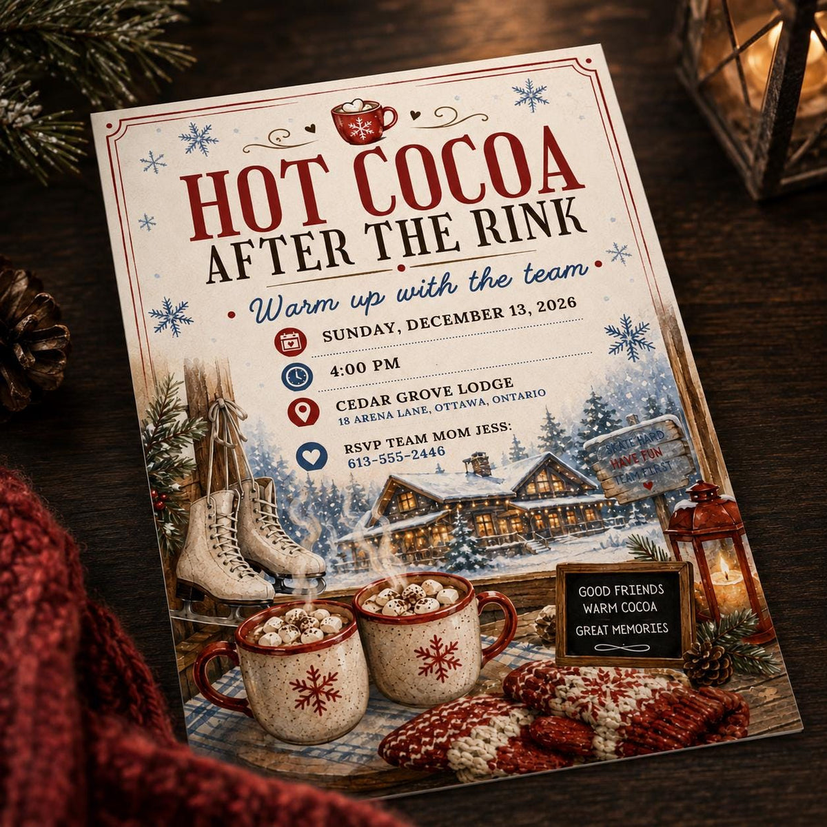 Hockey Hot Cocoa After the Rink Invitation — winter party stationery by VoltBy