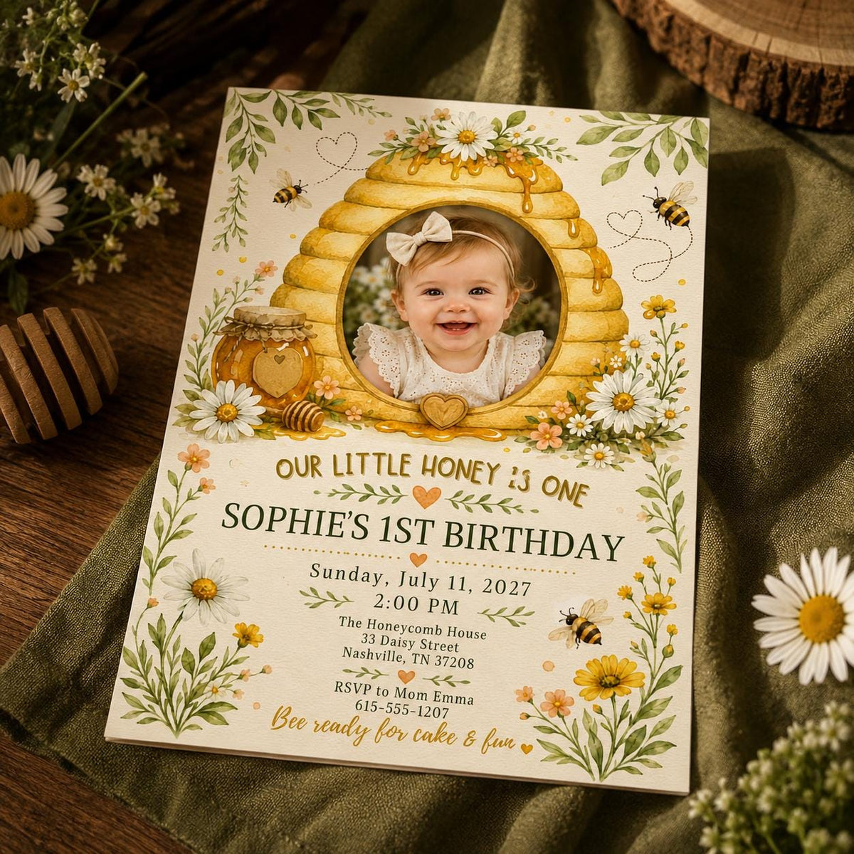 Honey Bee First Birthday Invitation — digital invitation, instant download