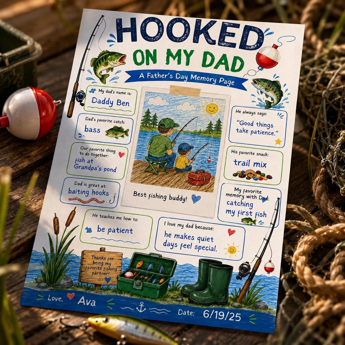 Hooked on My Dad Father's Day Fishing Worksheet — digital printable worksheet, instant download