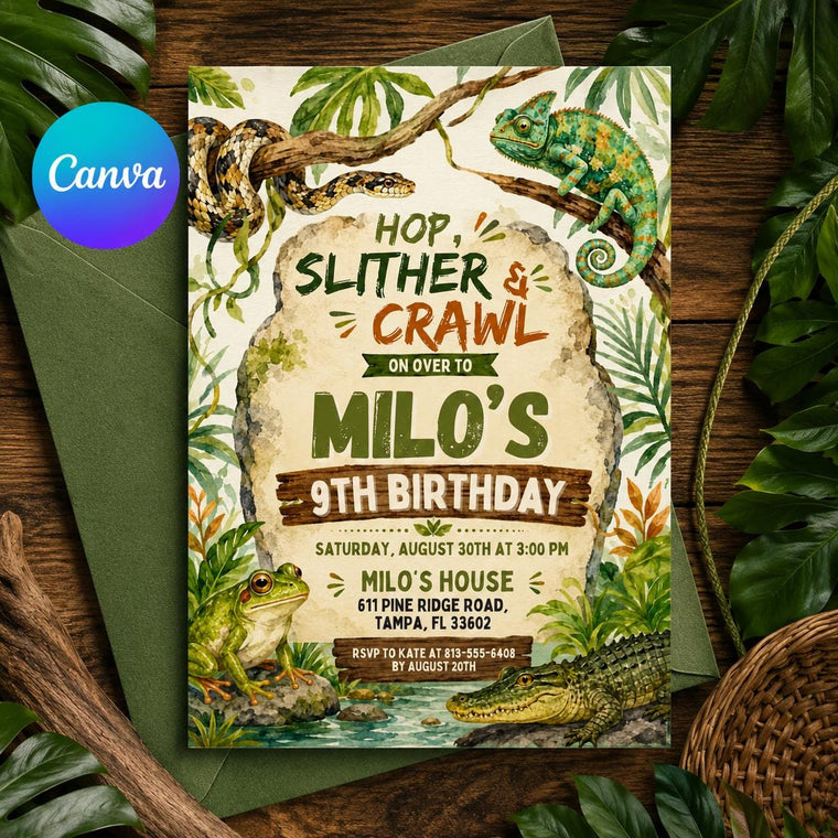 Hop, Slither and Crawl Reptile 9th Birthday Invitation