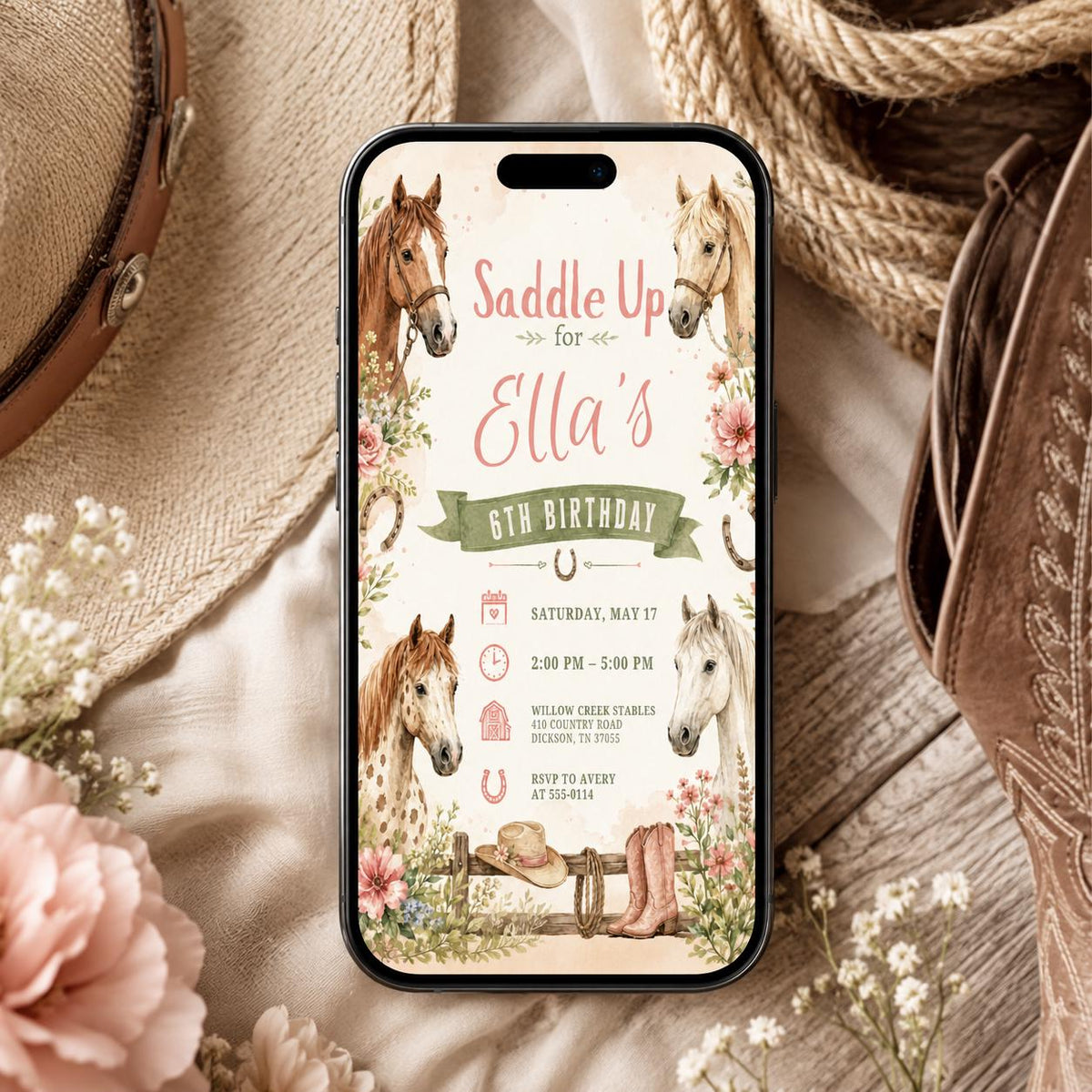 Horse Saddle Up 6th Birthday Invitation — digital invitation, instant download