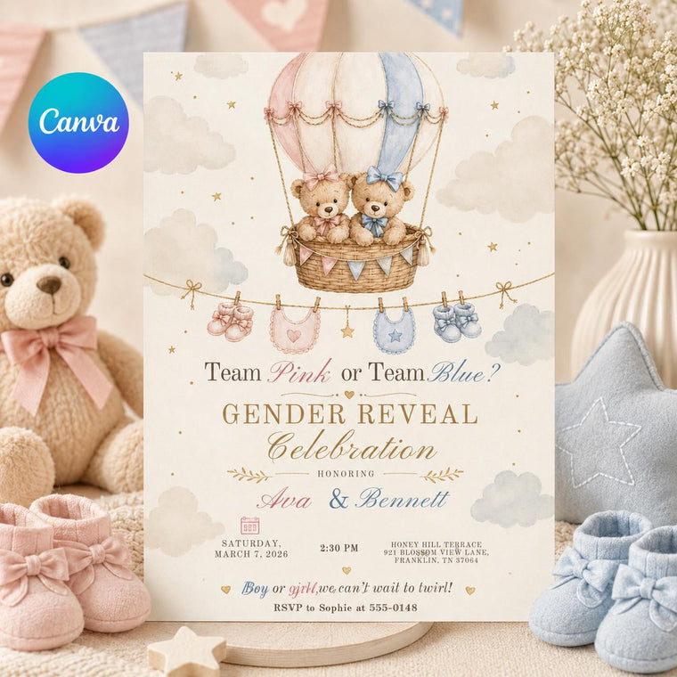 Hot Air Balloon Team Pink or Team Blue Gender Reveal Invitation