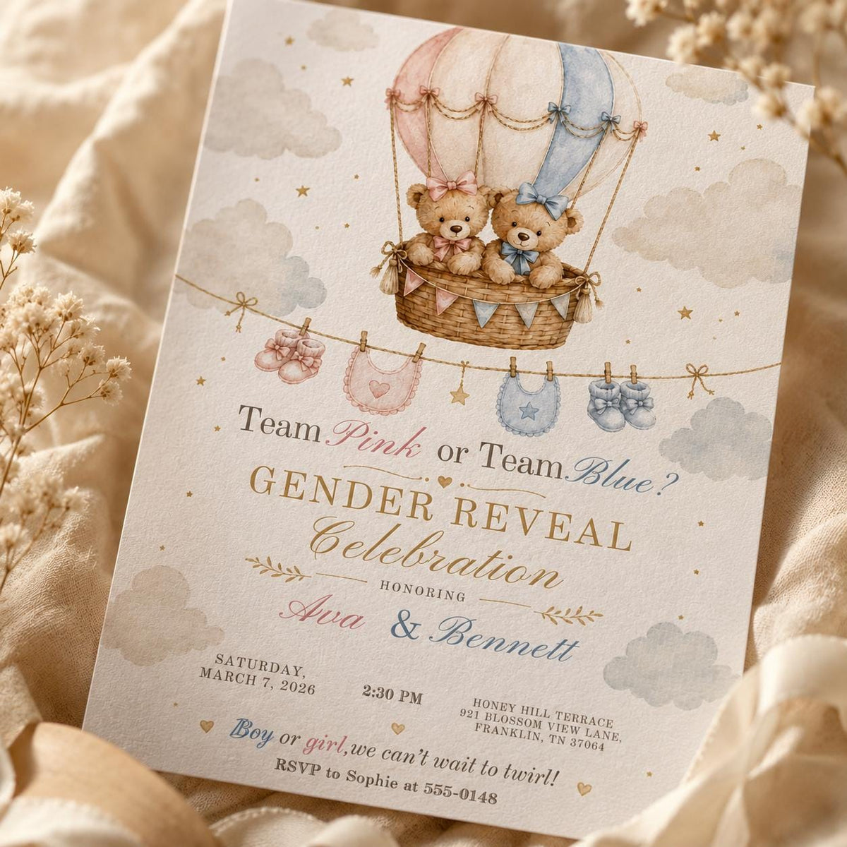 Hot Air Balloon Team Pink or Team Blue Gender Reveal Invitation — gender reveal stationery by VoltBy