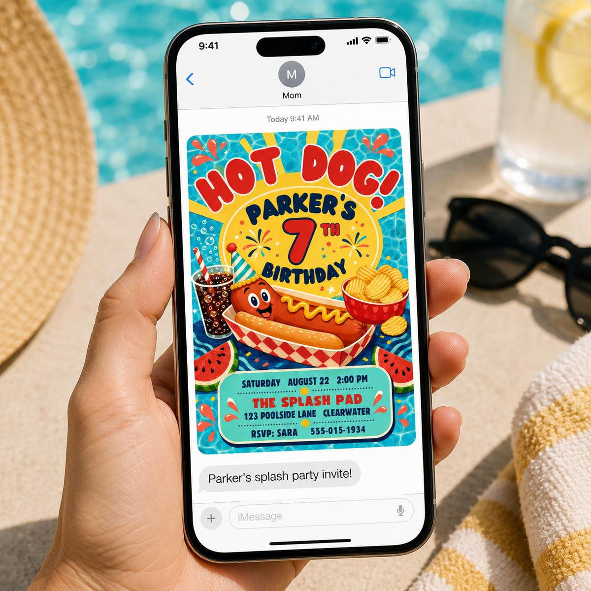 Hot Dog 7th Birthday Invitation — digital invitation, instant download
