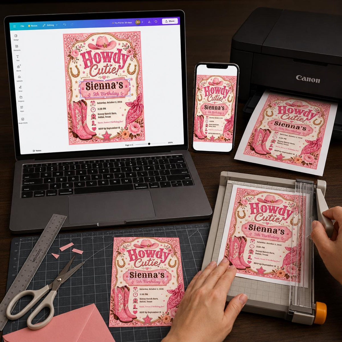 Howdy Cutie Pink Cowgirl 5th Birthday Invitation — cowboy and rose artwork in brown and cream