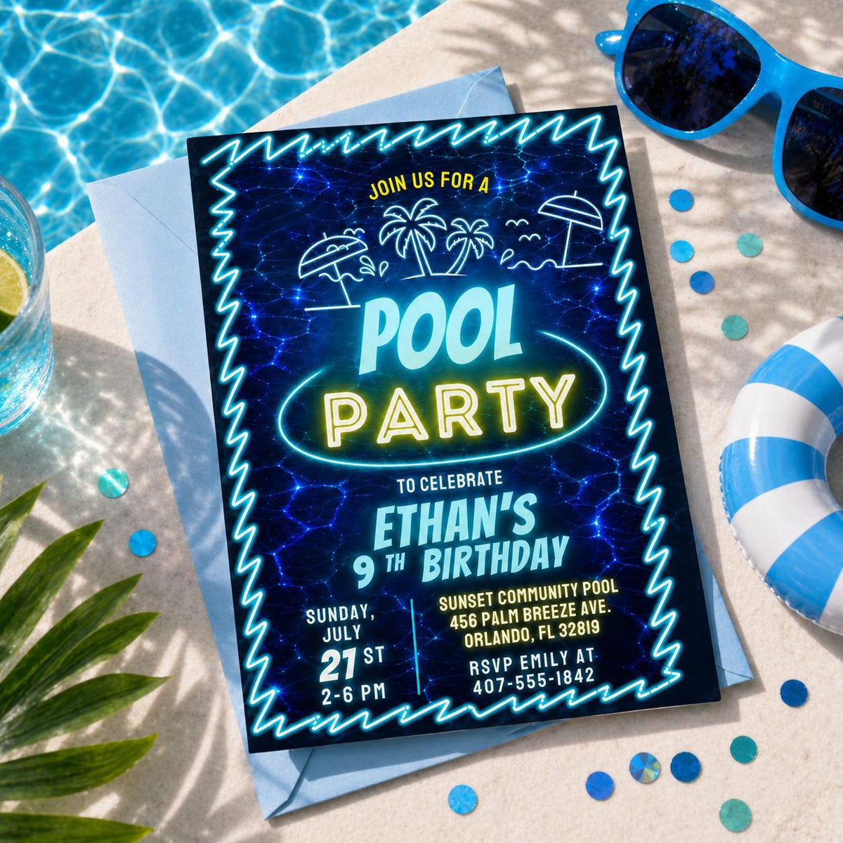 Neon Pool Party 9th Birthday Invitation — 9th birthday party stationery by VoltBy