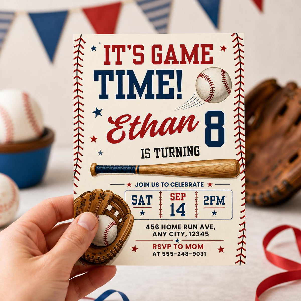 Vintage Baseball 8th Birthday Invitation with Stitched Border — 8th birthday party stationery by VoltBy