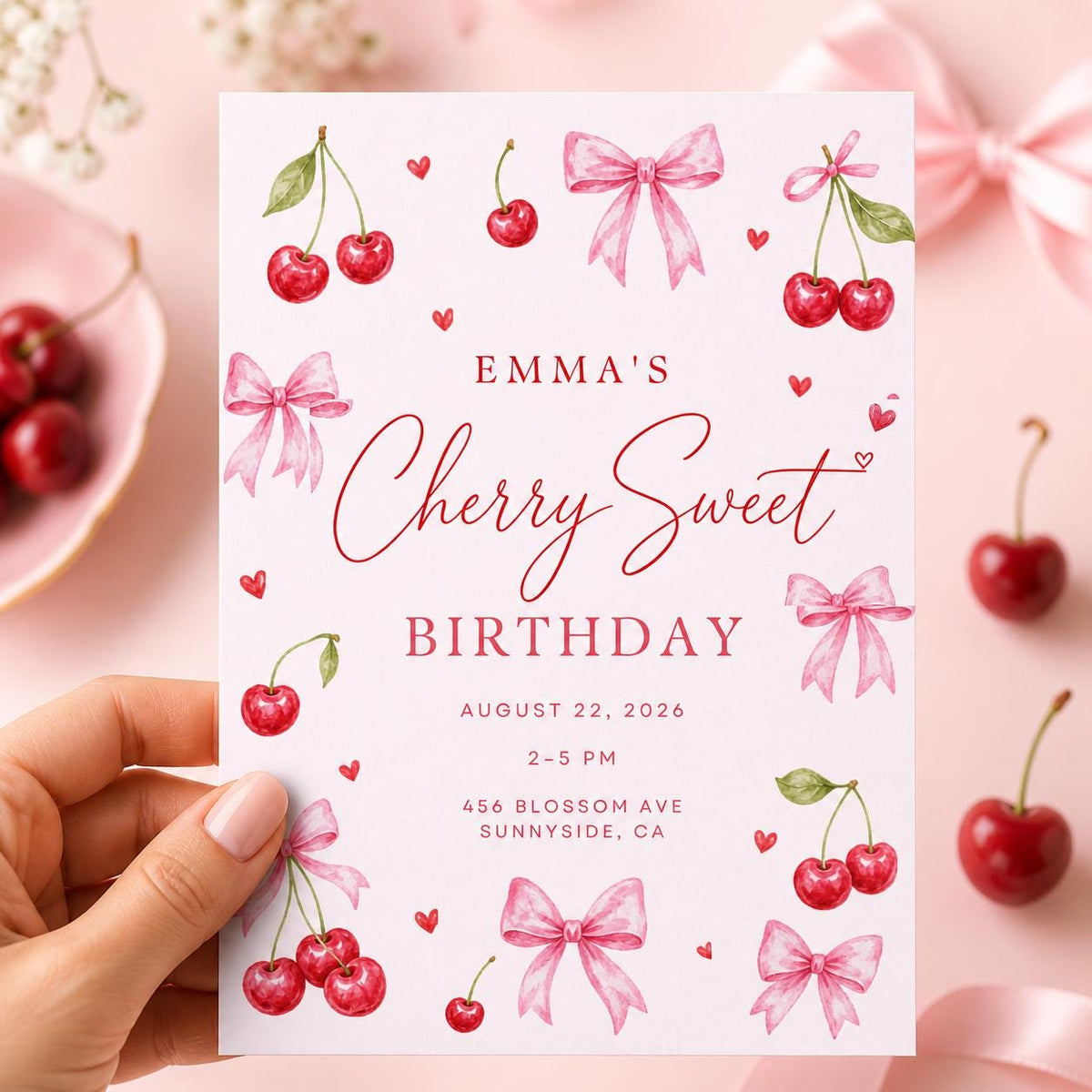 Cherry Sweet Birthday Invitation with Pink Bows — print-ready birthday party design from VoltBy