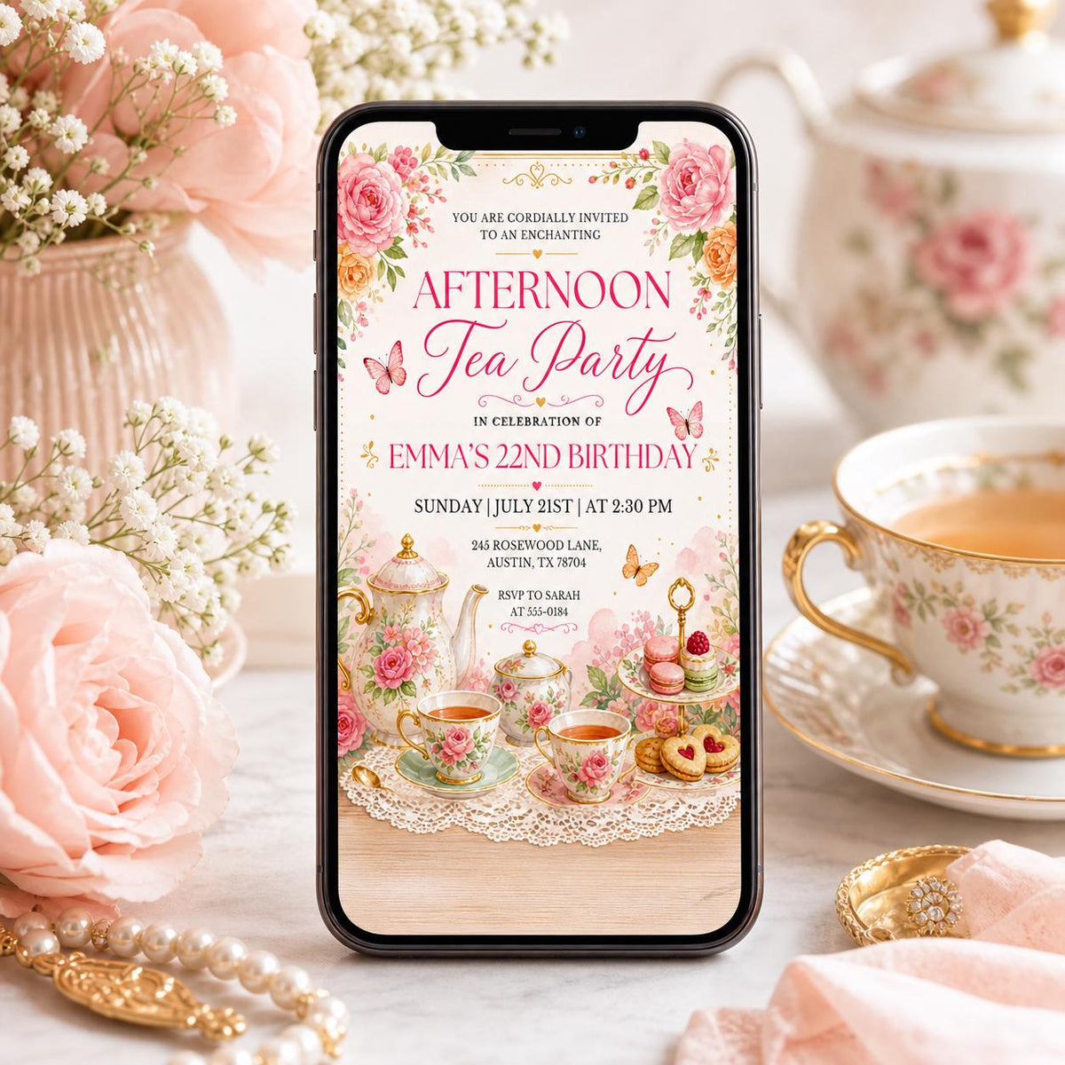 Floral Afternoon Tea 22nd Birthday Invitation — print-ready 22nd birthday party design from VoltBy