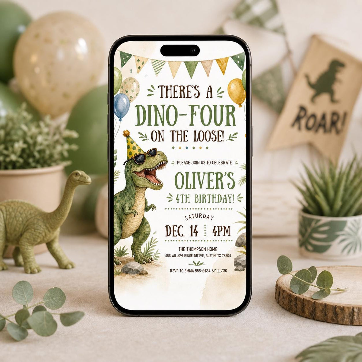 Dino-Four 4th Birthday Invitation with Party Dinosaur — print-ready 4th birthday party design from VoltBy