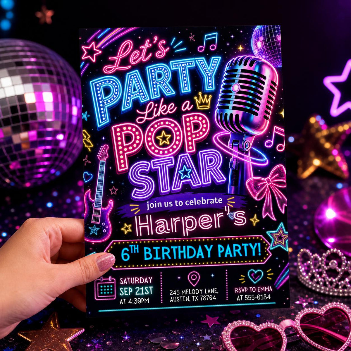 Neon Pop Star 6th Birthday Invitation with Microphone — print-ready 6th birthday party design from VoltBy