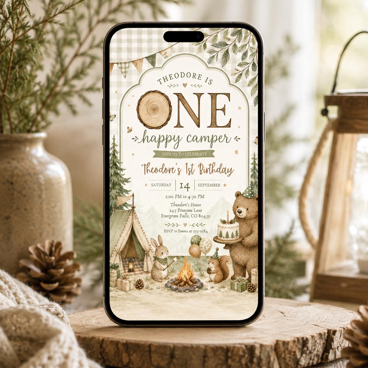 Camping Birthday Invitation Template, One Happy Camper Invite Canva Editable, First Birthday Woodland Party Invite, Bear Camp Party __etsy:7987885544