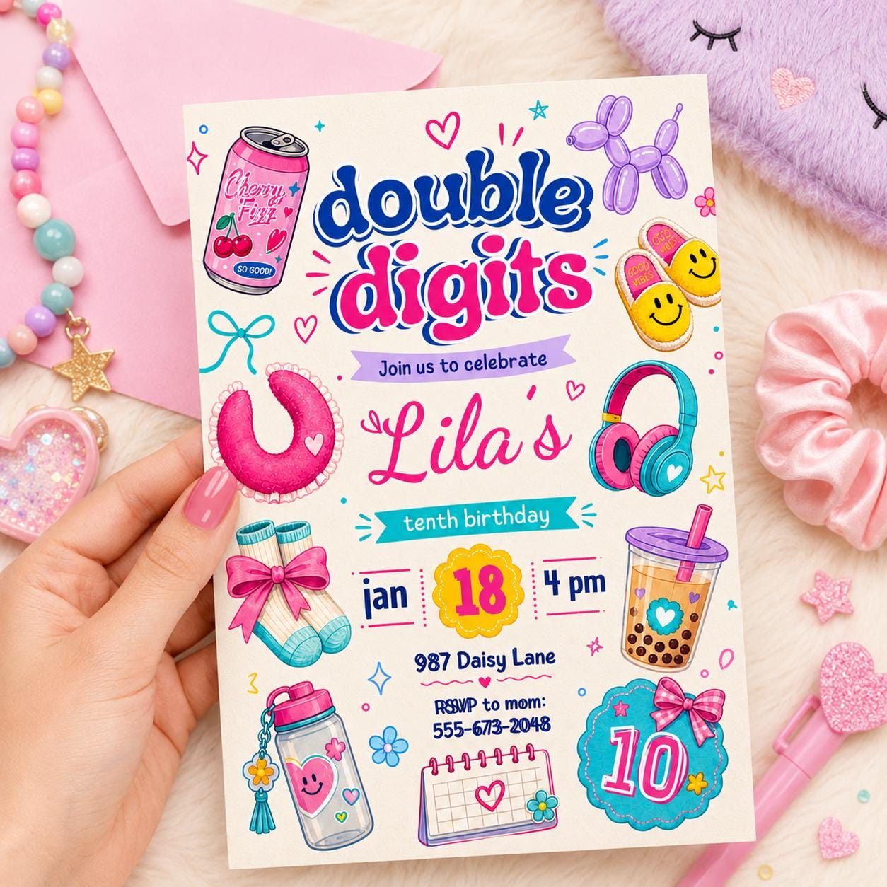 10th birthday party invitation, Hello Double Digits girl birthday invitation, Preppy invitation editable, ten birthday invitation, Groovy __etsy:7991738008