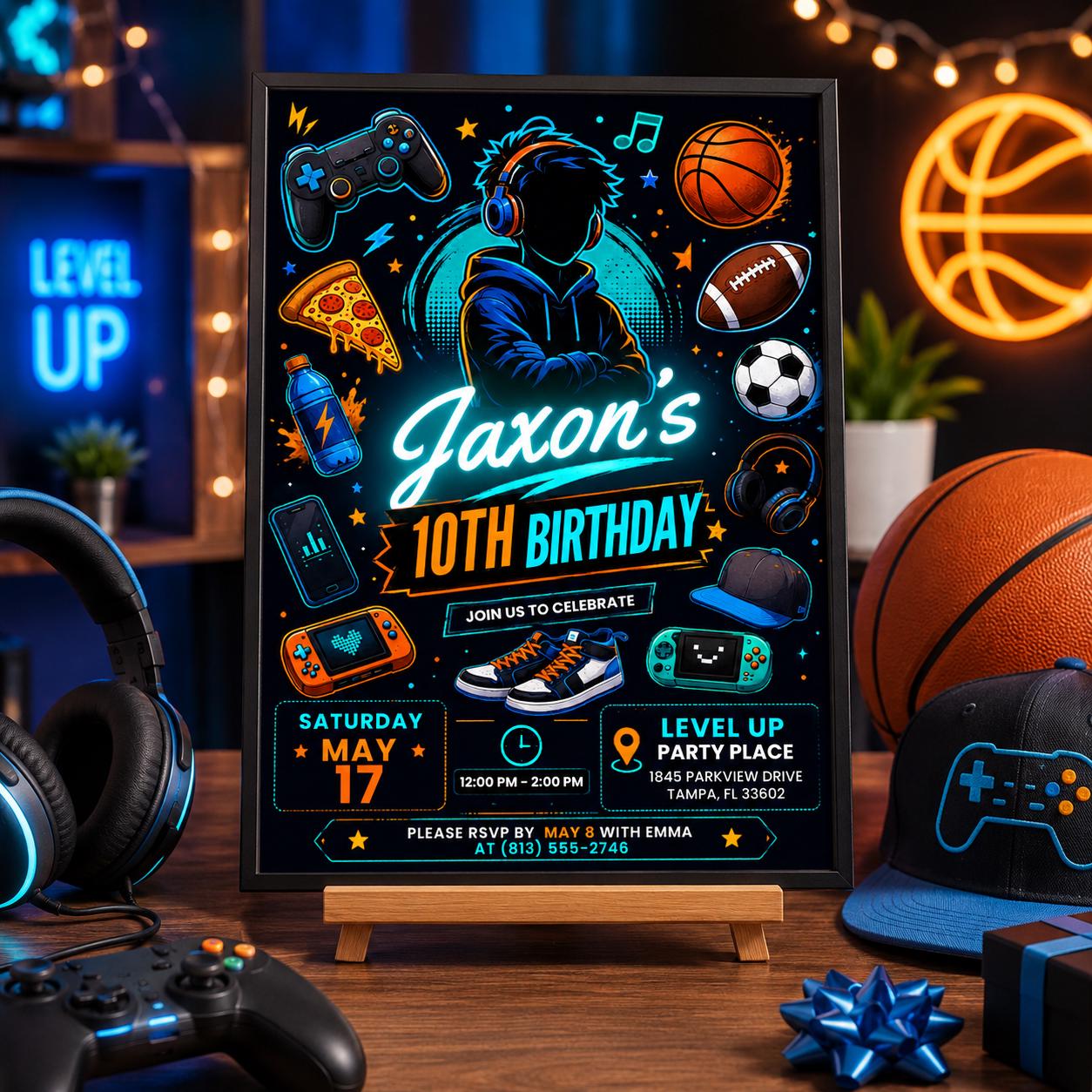 Teen Boy Birthday Party, Gaming invite, Basketball, Pizza & Music Theme, Tween Party Invite, Editable 10th Birthday Invitation, Canva invite __etsy:7998227182