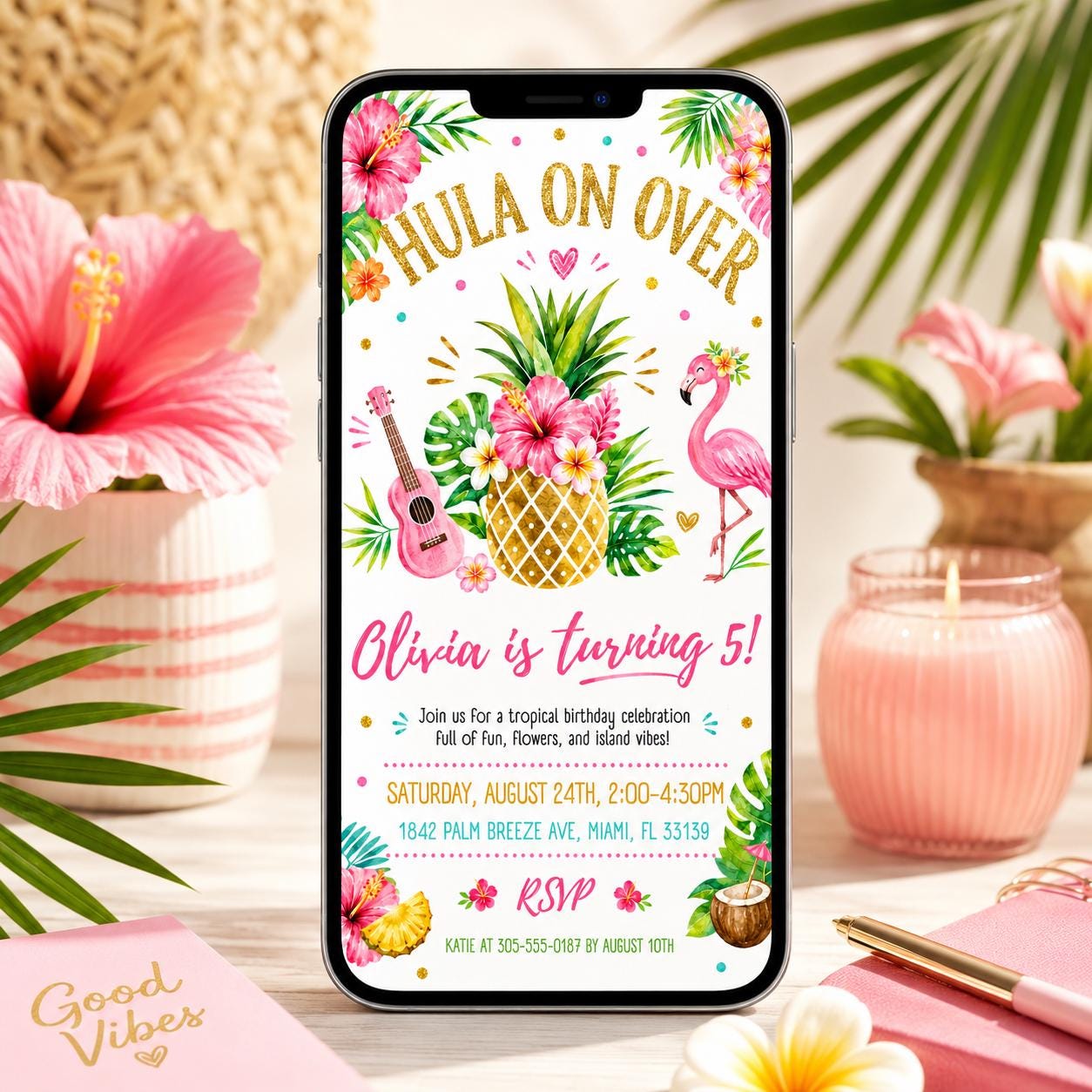 Aloha party invitation, Luau birthday, printable editable girl invite template, Tropical Hawaii party, Editable Canva template __etsy:7998850326