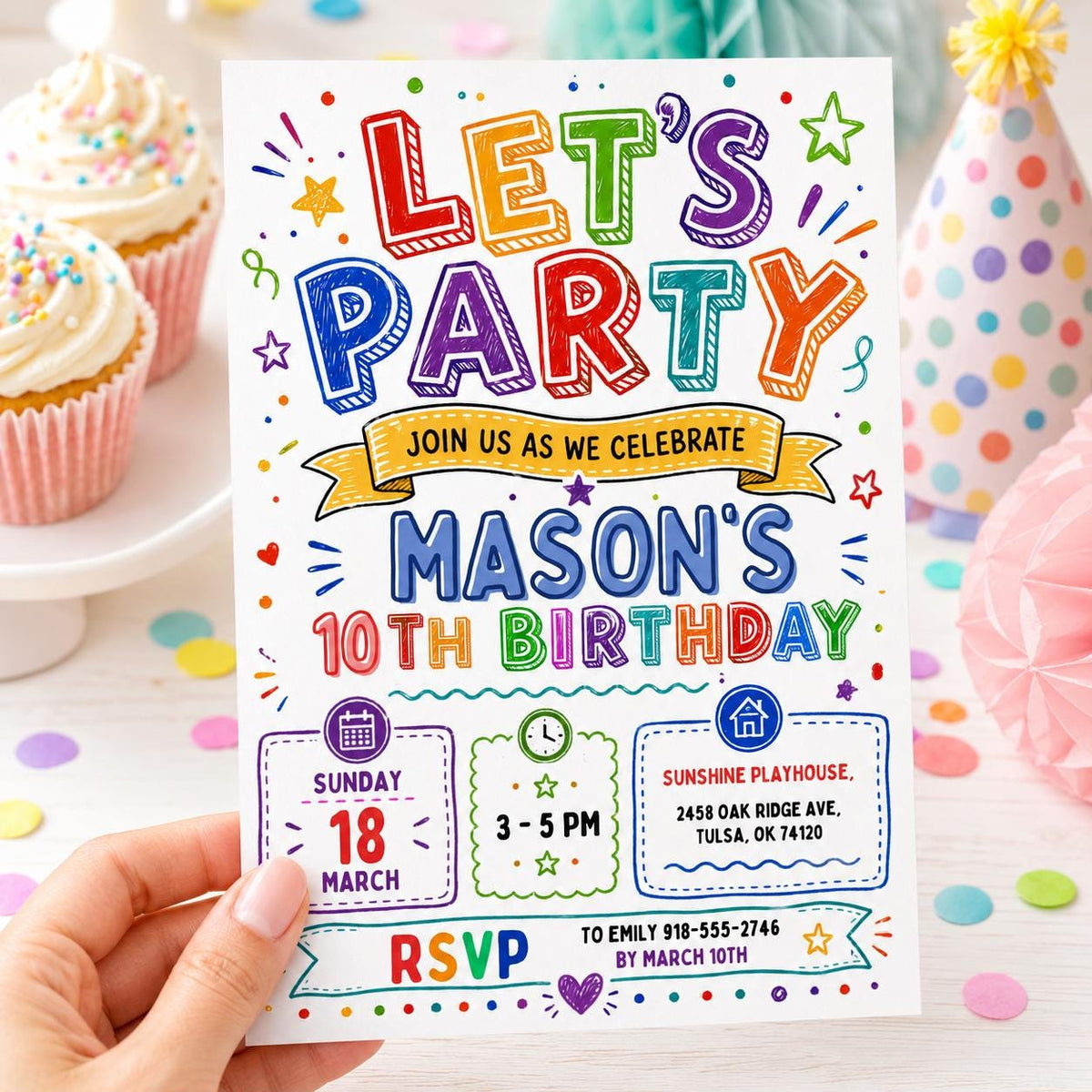 Rainbow Doodle Let's Party 10th Birthday Invitation — digital invitation, instant download