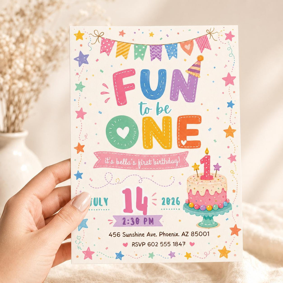 Fun to Be One First Birthday Invitation with Cake and Confetti — first birthday stationery by VoltBy