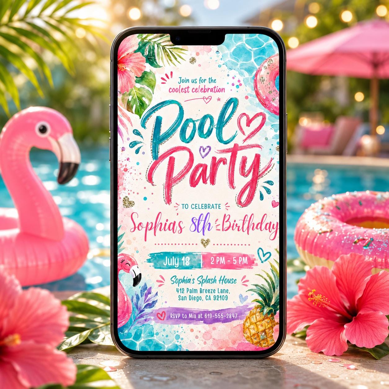 Pool Party Birthday Party Invitation Template, Hand Drawn Whimsical Swim Birthday Invite, Pink Bow Coquette Summer Birthday Pool Celebration __etsy:7999374980
