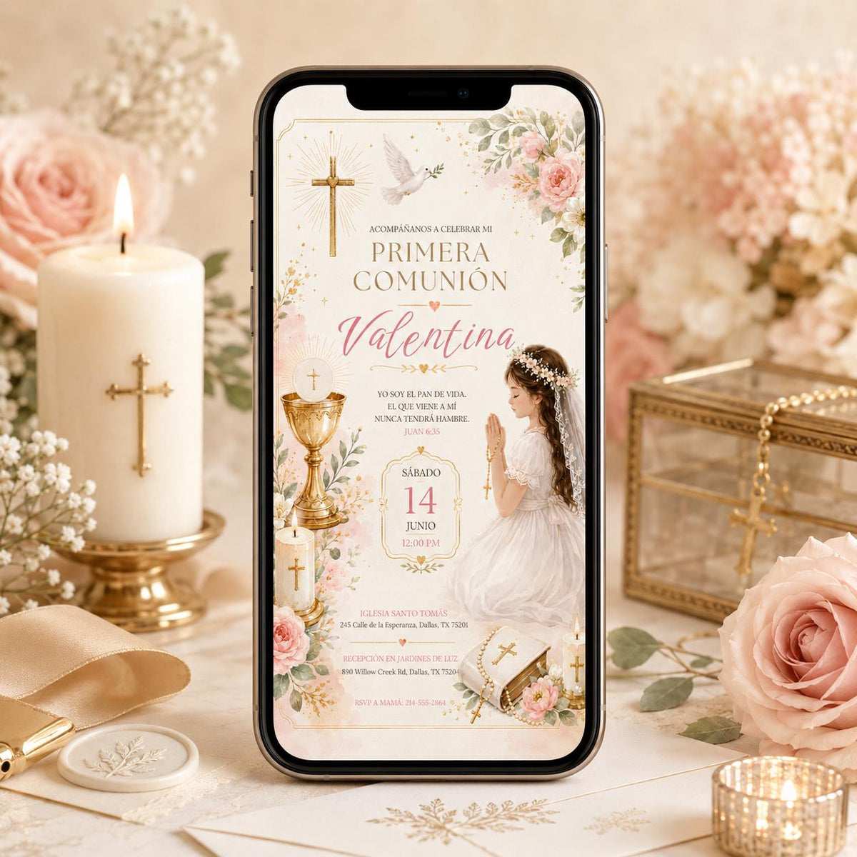 Primera Comunión Invitation with Pink Flowers and Praying Girl — print-ready first communion design from VoltBy
