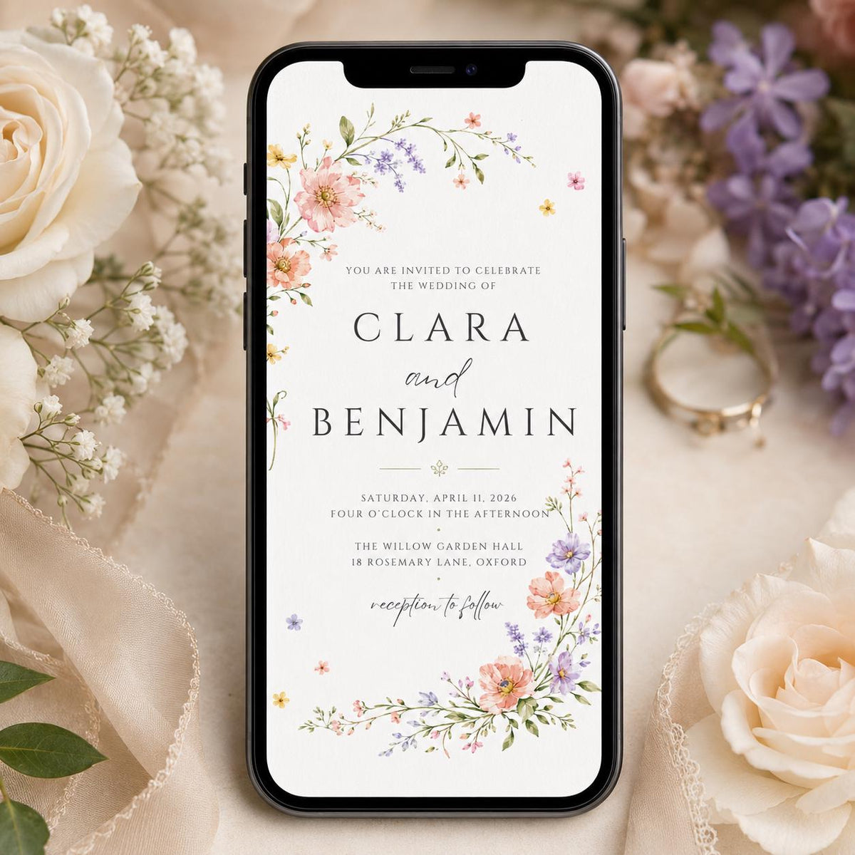 Fine Wildflower Wedding Invitation — digital invitation, instant download
