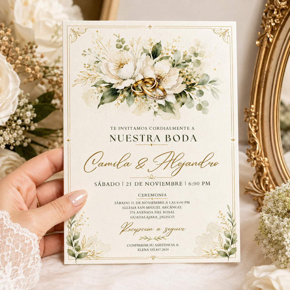 Spanish Wedding Invitation with White Flowers and Gold Rings — floral artwork in cream