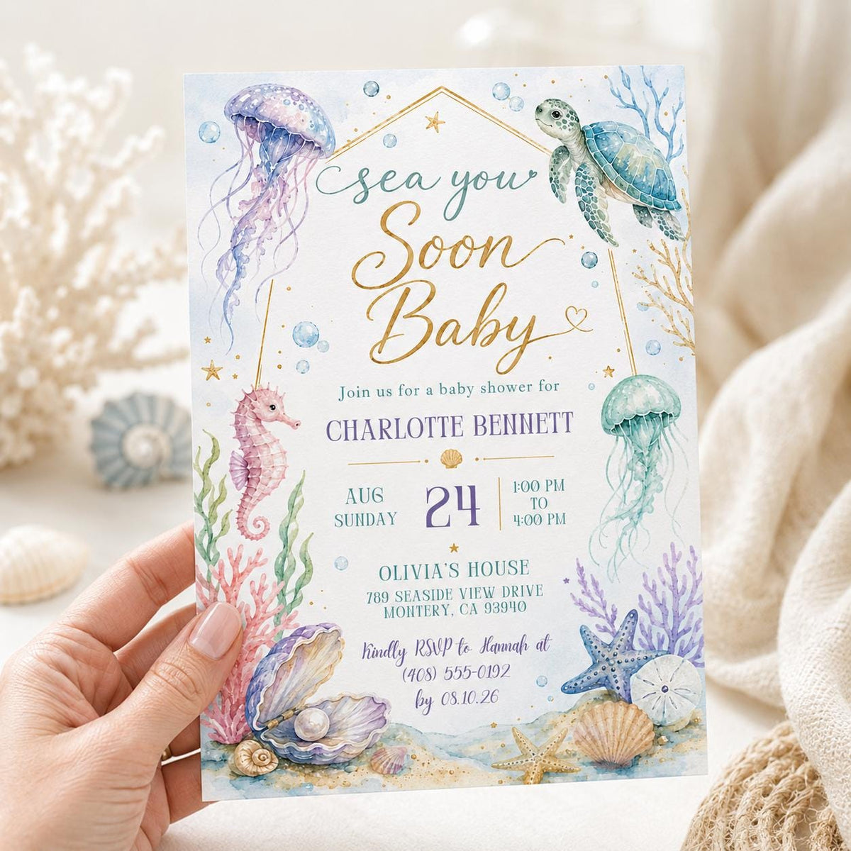 Blue and Gold Sea You Soon Baby Shower Invitation — baby shower stationery by VoltBy