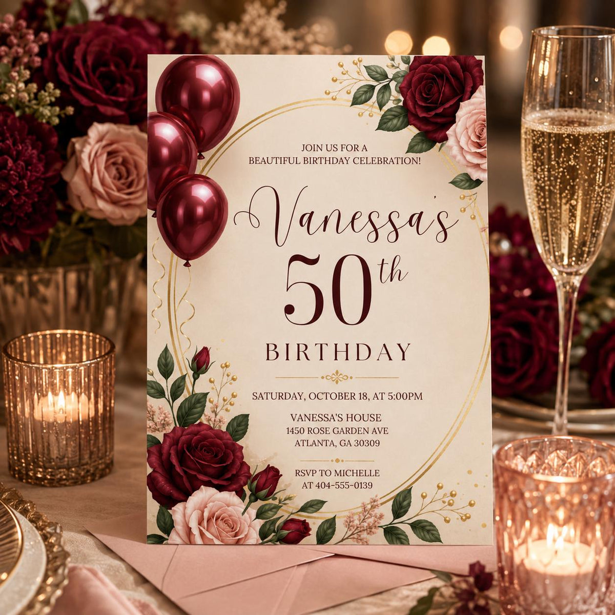 Burgundy Rose 50th Birthday Invitation — print-ready 50th birthday party design from VoltBy