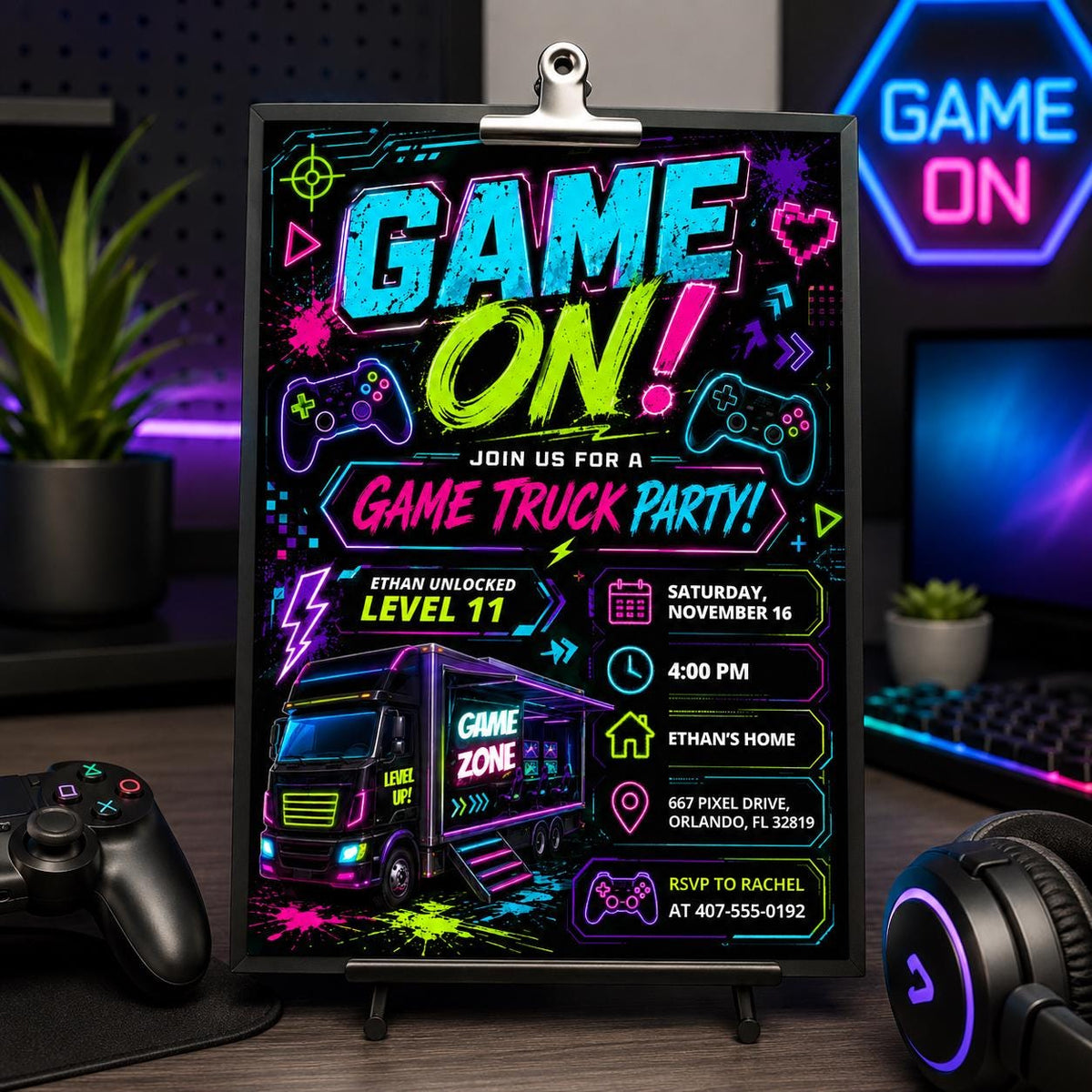 Game On Video Game Truck 11th Birthday Invitation — gaming artwork in black and blue