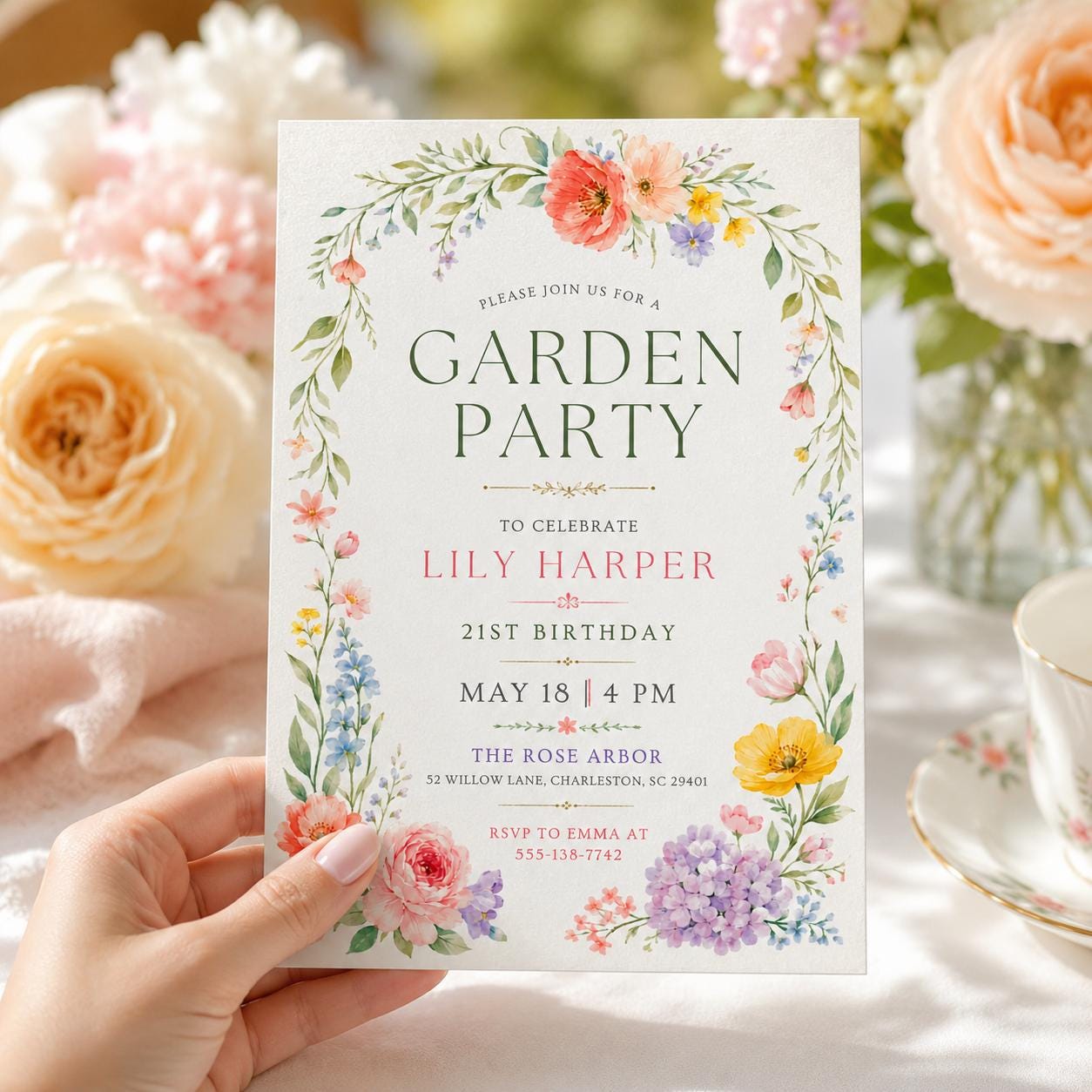 Floral Garden Party Invitation, Colorful floral birthday party invitation template, wildflower invitation, spring garden party, Canva __etsy:8010824348