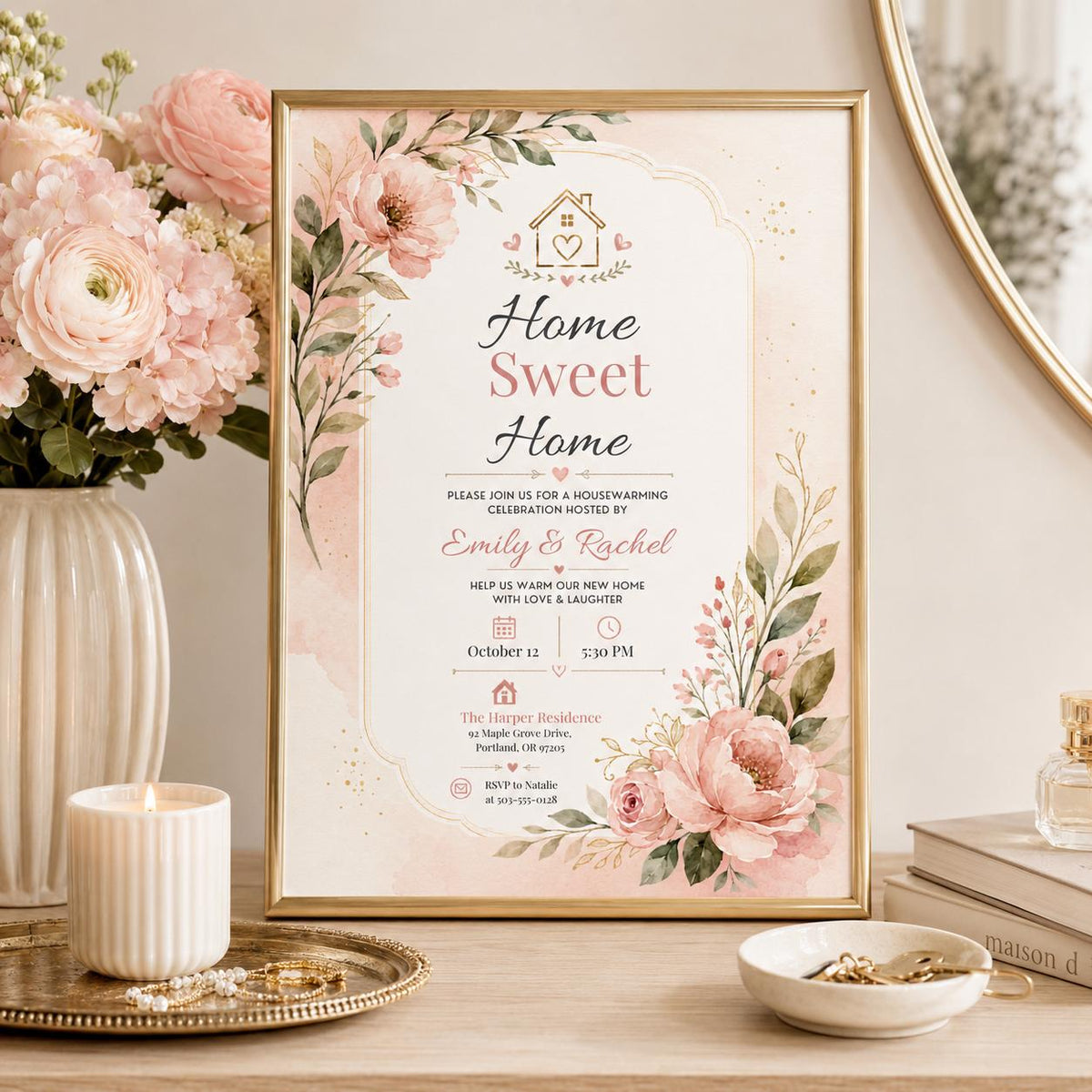 Home Sweet Home Housewarming Invitation with Pink Flowers — design view 2