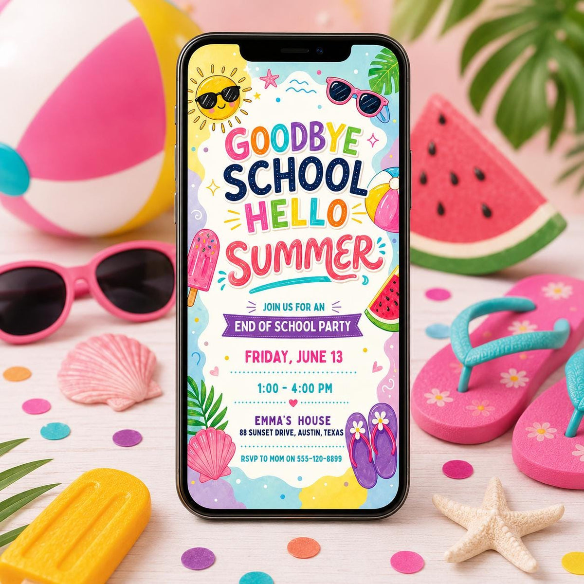 Goodbye School, Hello Summer Invitation — print-ready end-of-year celebration design from VoltBy