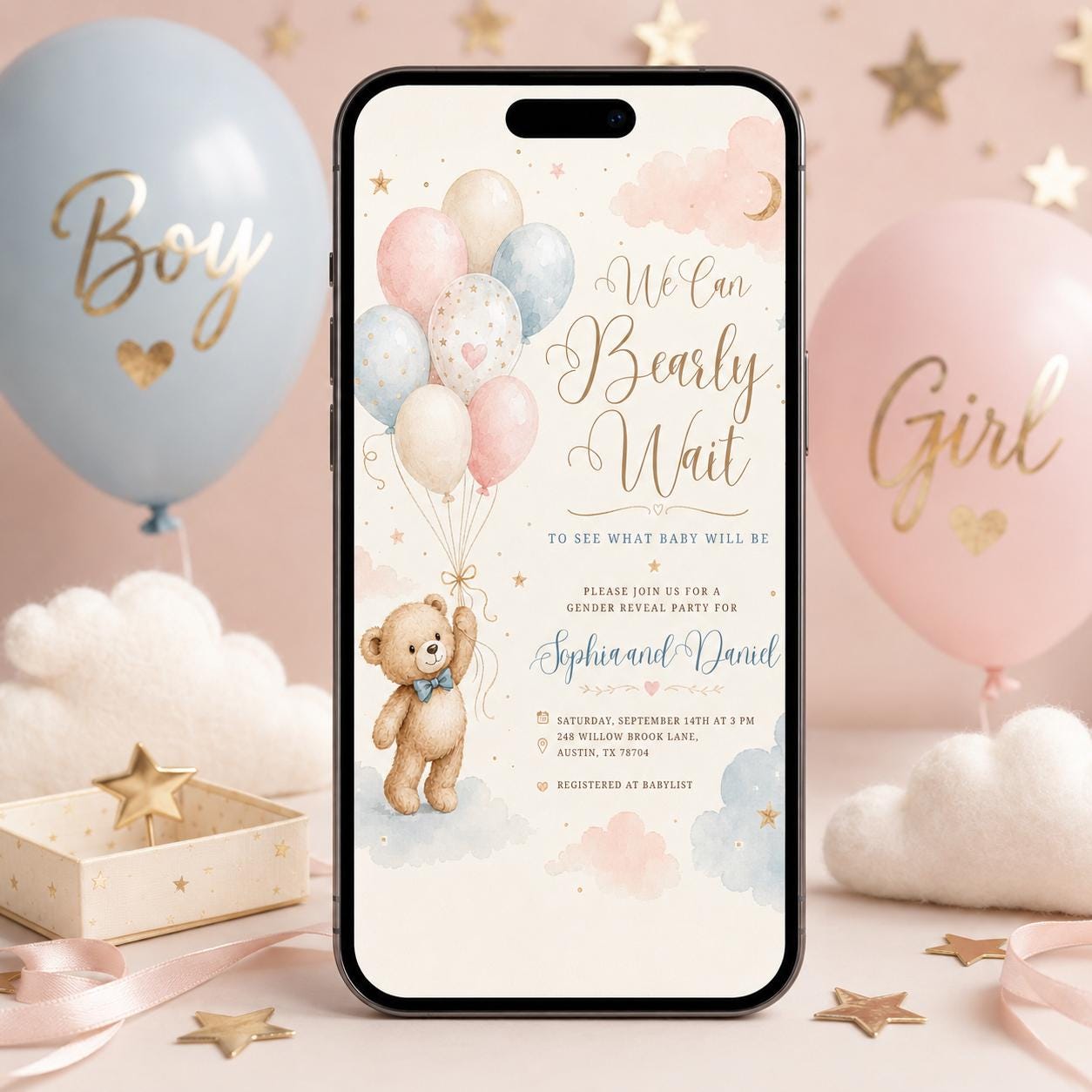 Editable Brown Bear Balloon Baby Shower Invitation, We Can Bearly Wait Baby Shower Invite, Blue Boy Boho Bear Baby Shower Canva Digital __etsy:8012026210