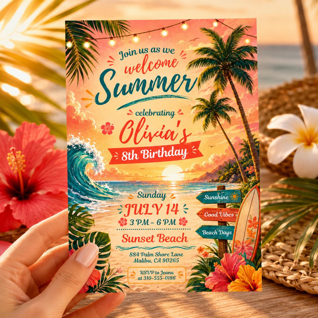 Luau Birthday Invitation Tropical Birthday Invite AnyAge Girl Aloha Summer Party Hawaiian Tiki Pink Floral Hibiscus, Aloha Summer Pool Party __etsy:8012726012