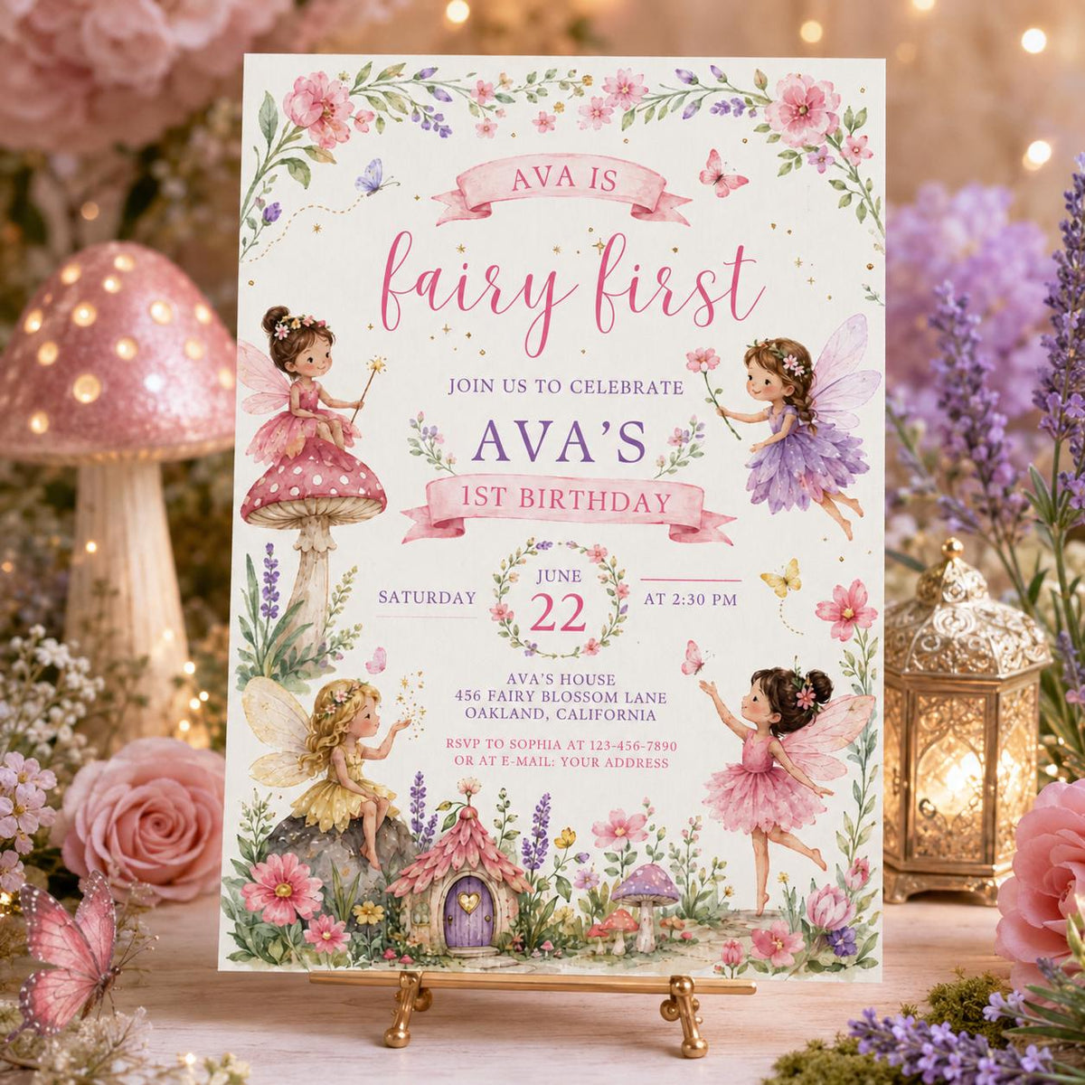 Fairy First Birthday Invitation with Garden Cottage — first birthday stationery by VoltBy