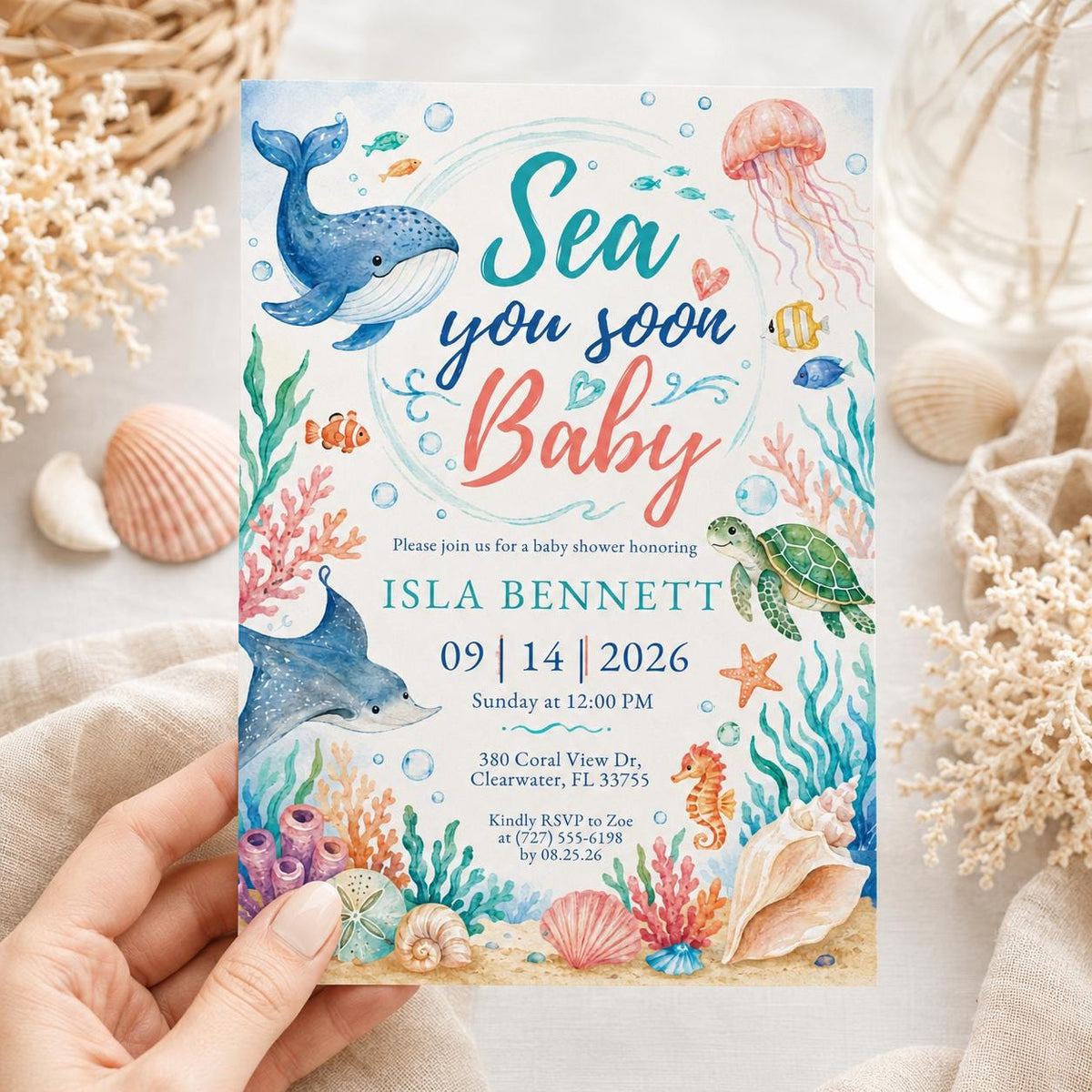 Sea You Soon Baby Shower Invitation with Whale and Dolphin — jellyfish artwork in coral teal