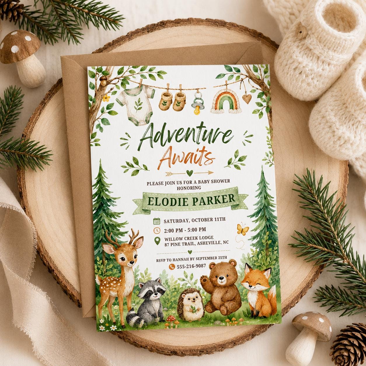 Woodland Baby Shower Invitation, Editable Adventure Awaits Template, Woodland Animals 1st Party Editable Template, Editable Canva Template __etsy:8019885660
