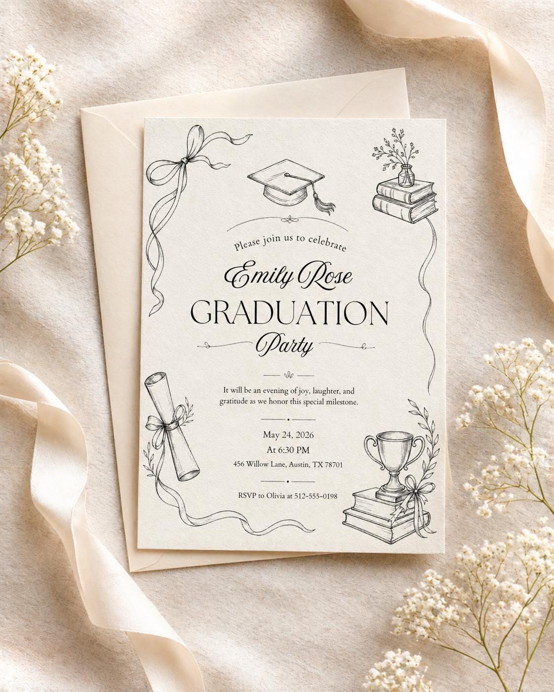 Graduation Doodle Invitation with Books and Bow — library artwork in black white