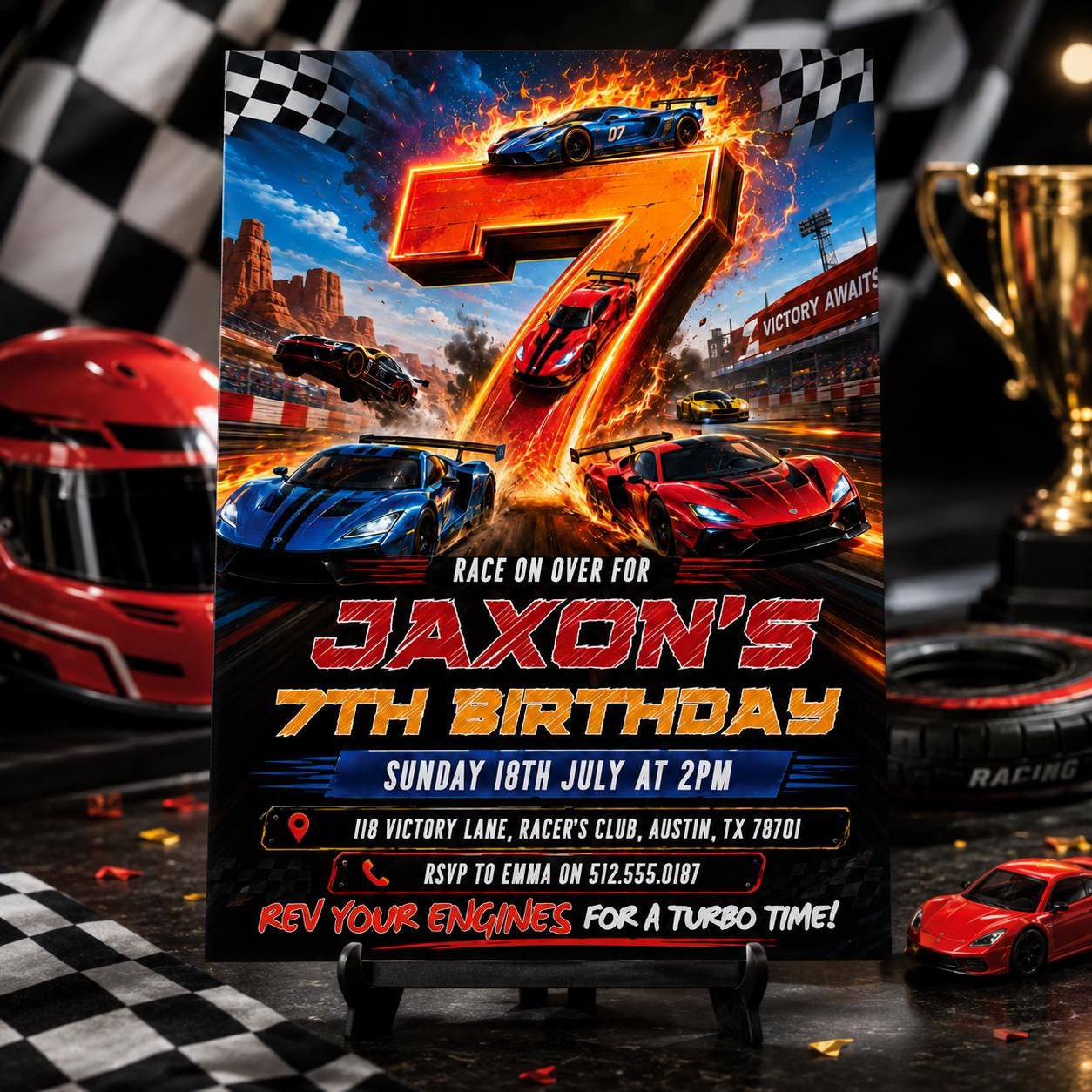 Race Car 7th Birthday Invitation, Racecar Party, Racing Car Party, Sport Race Car Invite, Boys 7th Birthday Party Invitation, Editable Canva __etsy:8023358386