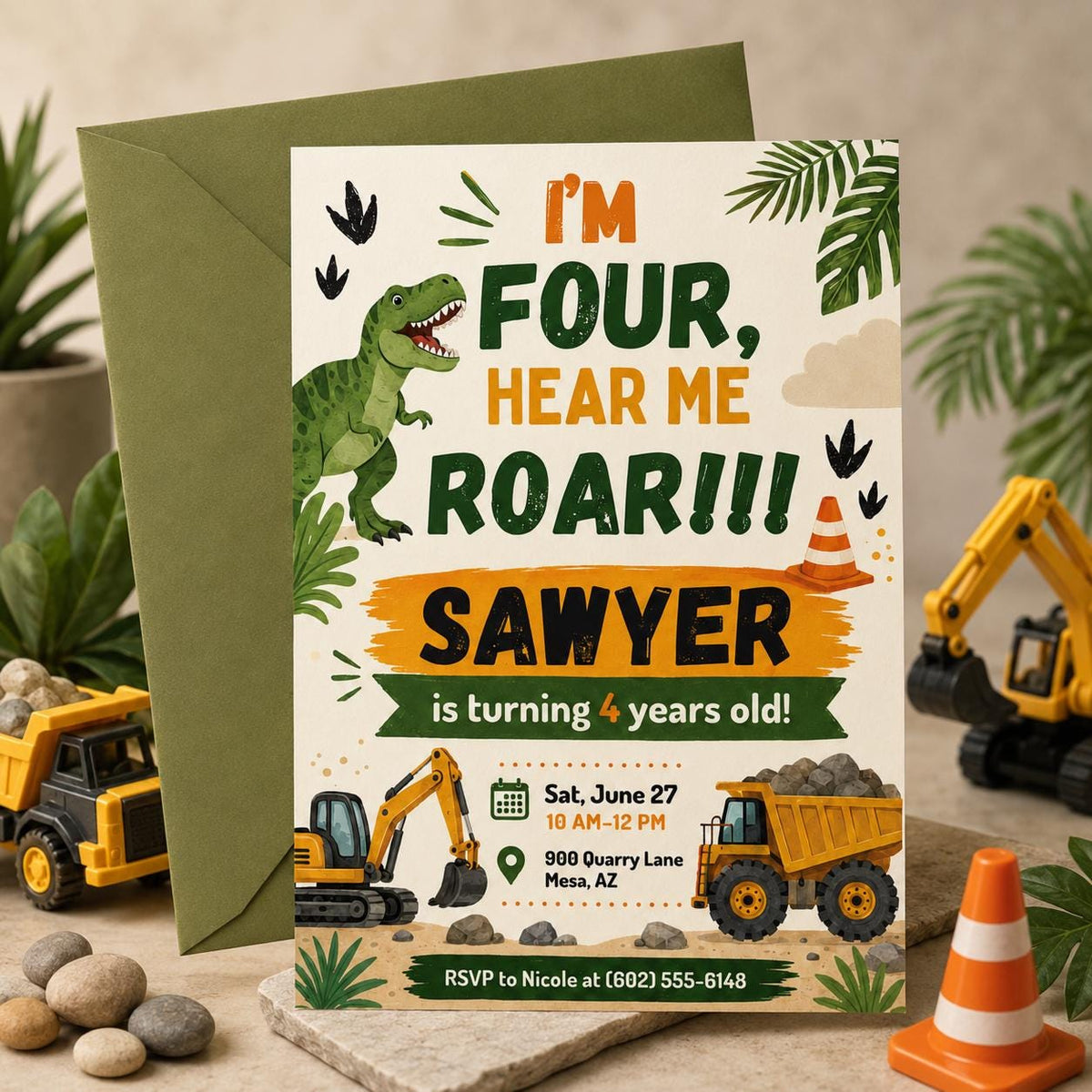 I’m four hear me roar! Construction truck and T-Rex dinosaur theme — design view 2