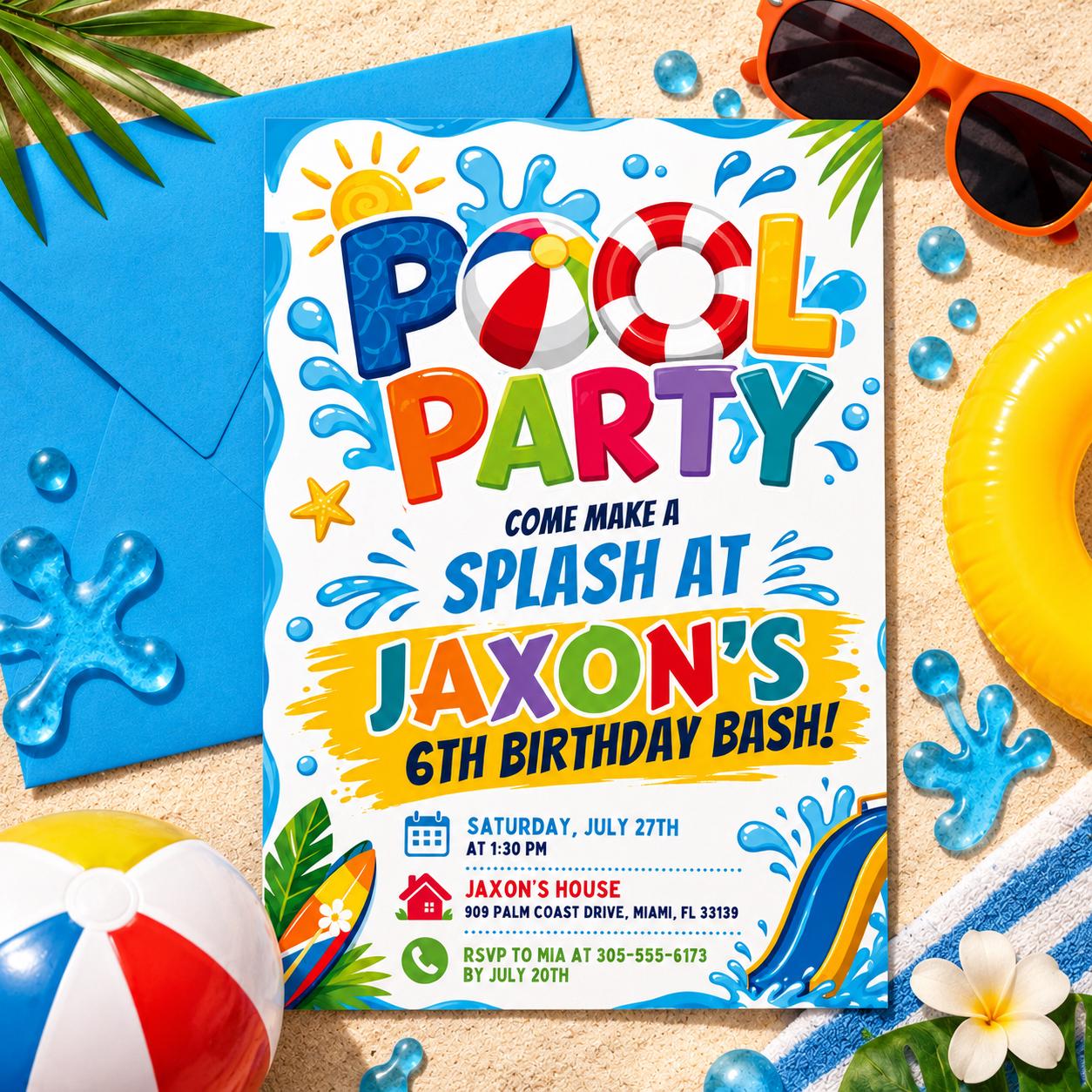 Splash Pool Party 6th Birthday Invitation in Blue and Yellow — print-ready 6th birthday party design from VoltBy