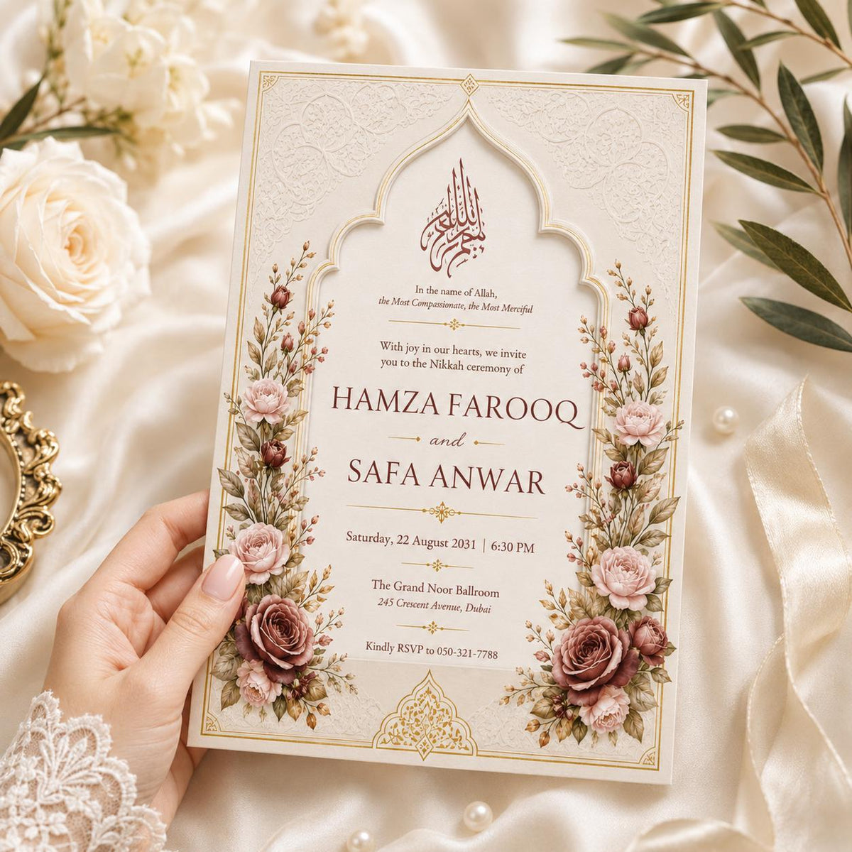 Floral Nikah Invitation with Ivory Arch and Rose Corners — nikah ceremony stationery by VoltBy