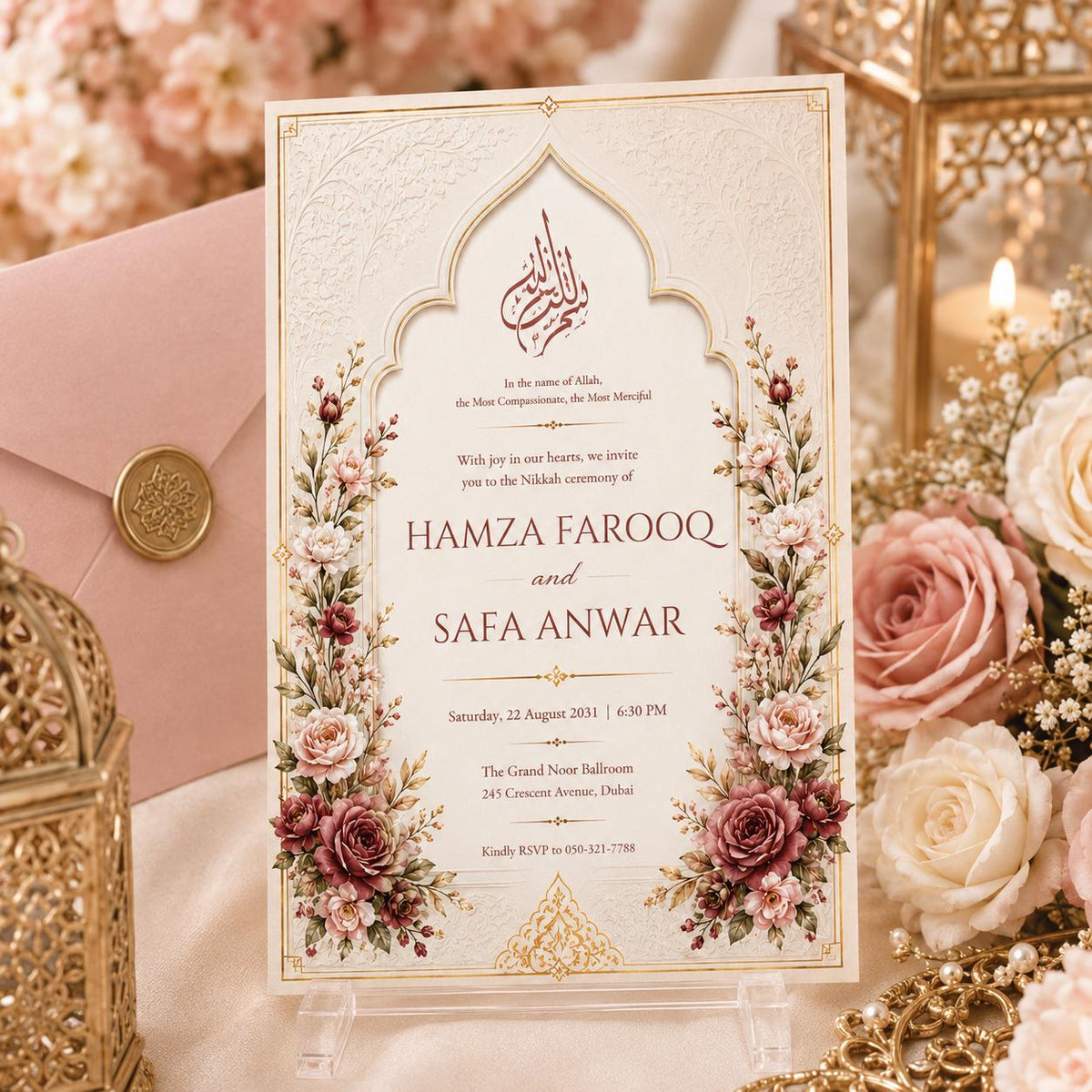 Floral Nikah Invitation with Ivory Arch and Rose Corners — nikah ceremony stationery by VoltBy