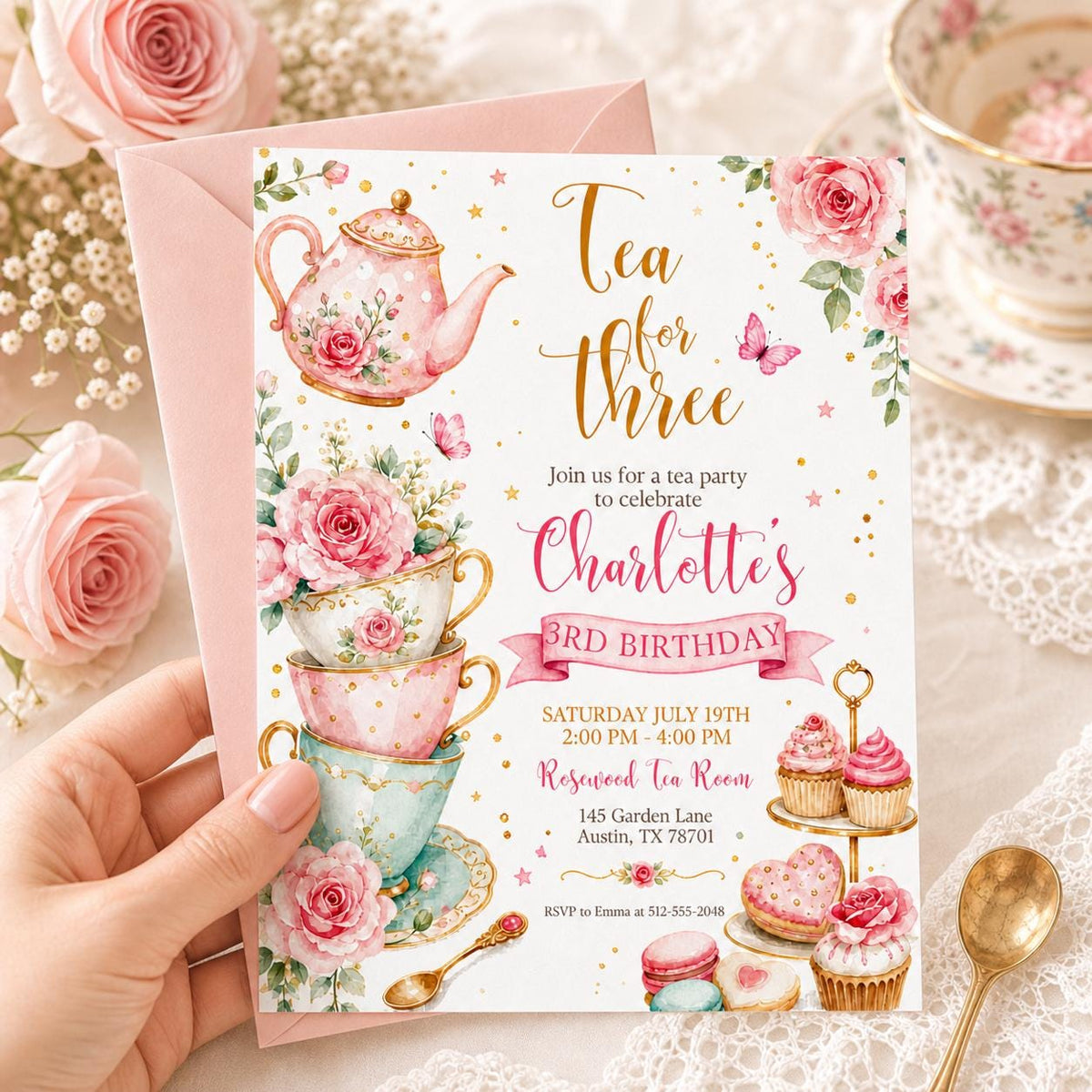 Rose Tea for Three Birthday Invitation with Stacked Cups — digital invitation, instant download