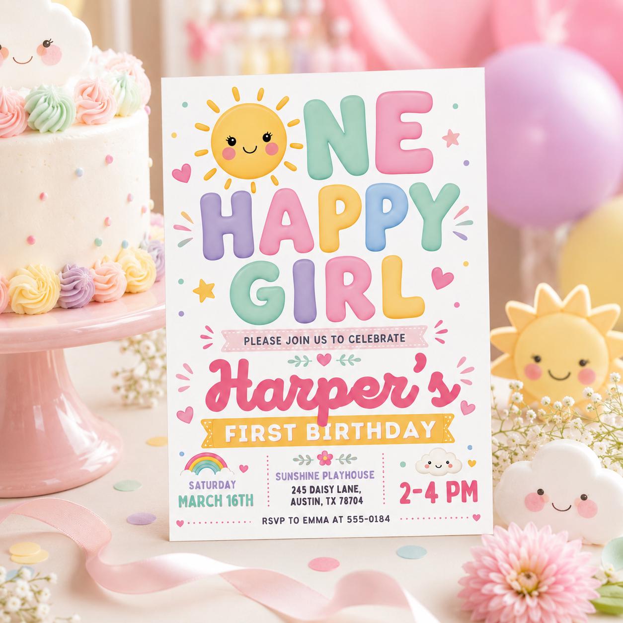 One Happy Girl Birthday Invitation, Rainbow Sunshine Girl First Birthday Invitation, Girl 1st Birthday, Sunshine Invitation, Editable Canva __etsy:8026159576
