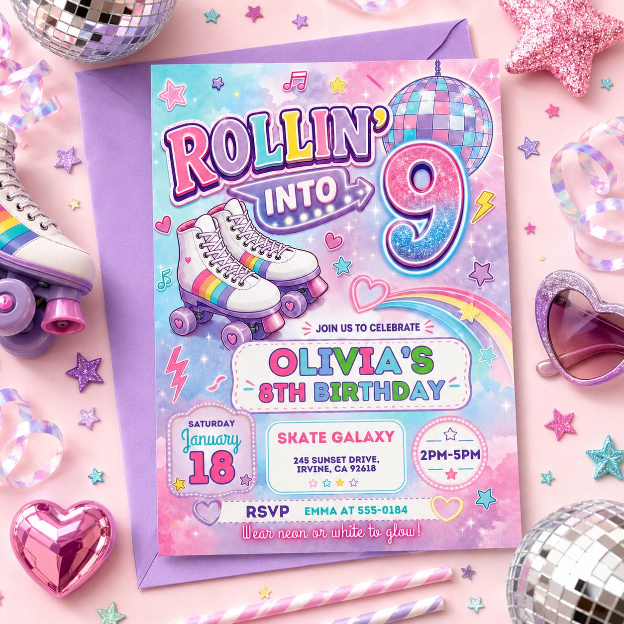Editable Roller Skating Birthday Invitation, Retro Neon Glow Skate Party Invite, Rolling Into 9 Years Old Template, Editable Canva Template __etsy:8026195032