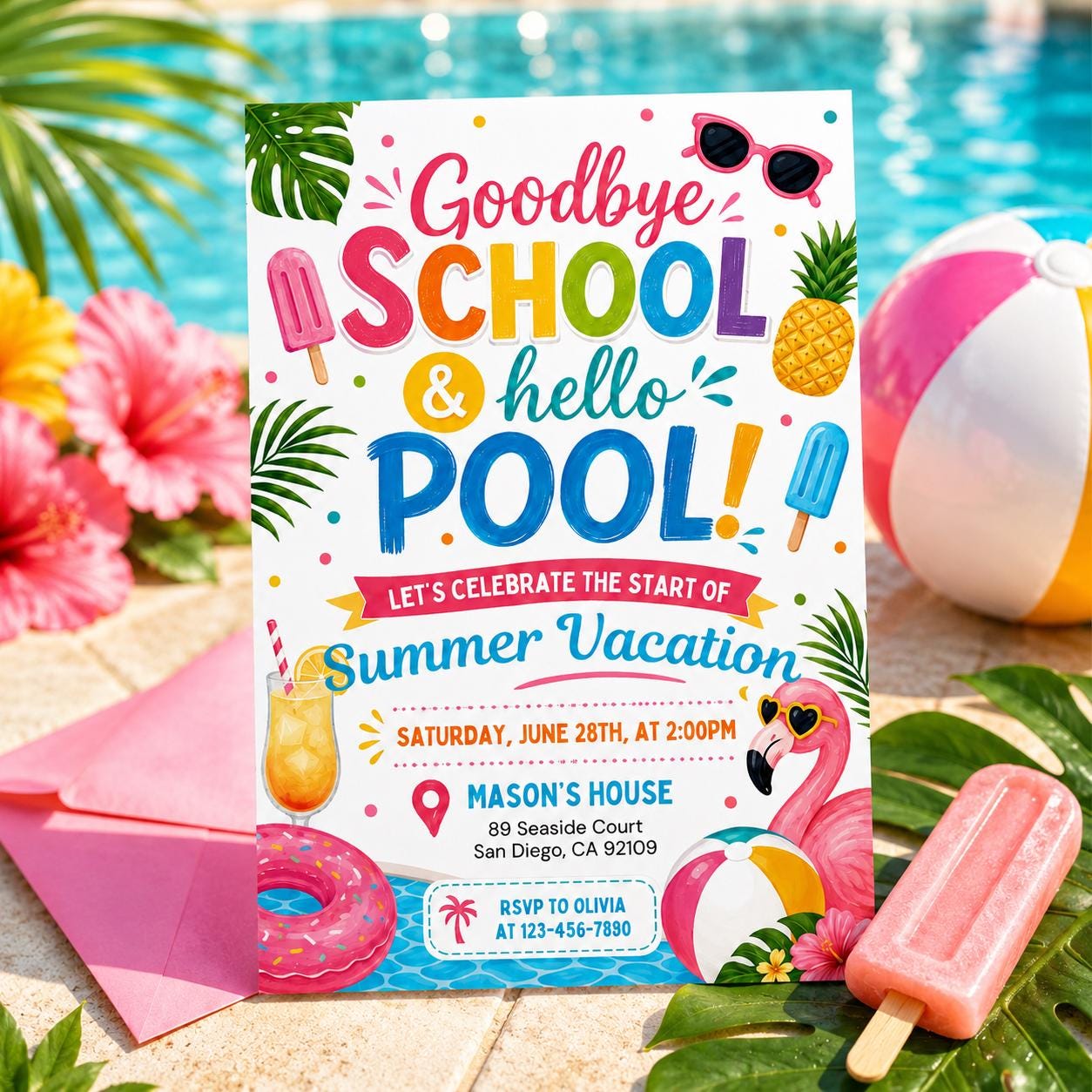 Goodbye School Hello Summer Invitation End of School Party Invite Sun Beach Swim Pool Palm Tree Tropical Schools Out, Canva template __etsy:8026994454